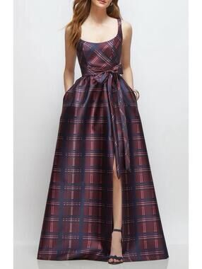 New Dessy Collection Tartan Tie Waist Sleeveless Satin Gown Cabernet Midnight 4